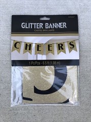 NEW YEAR’S ‘Black Gold Silver» GLITTER BANNER . CHEERS. 6.5 Ft.