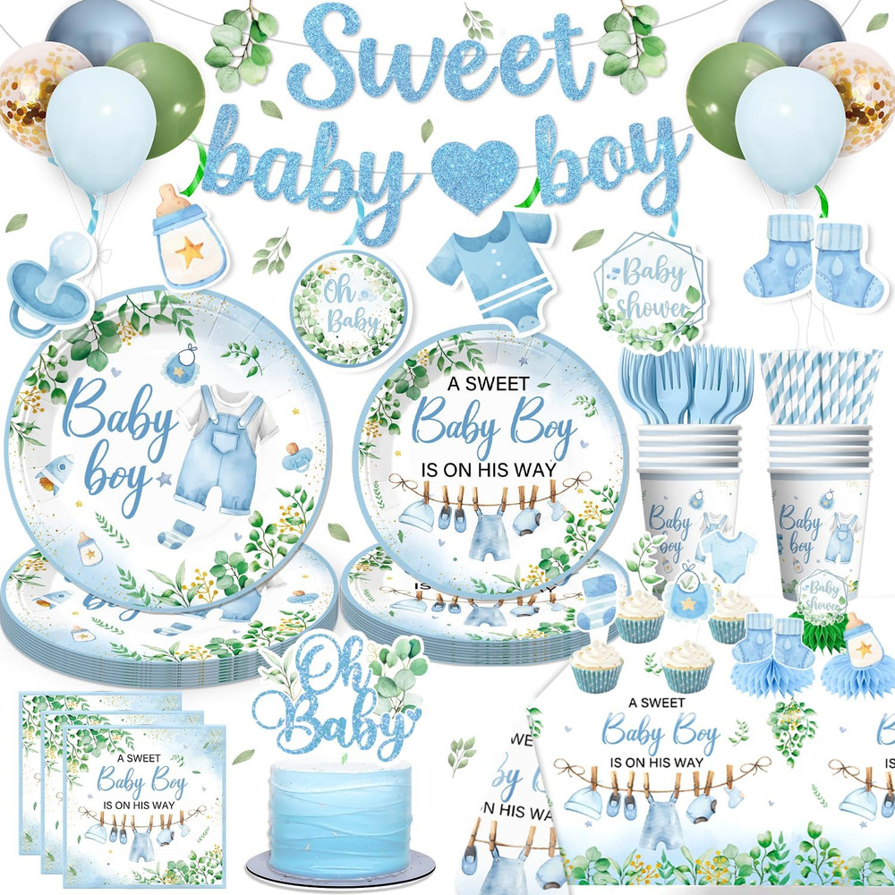 201PCS Baby Shower Decorations Boy Tableware Set, 25 Serves Disposable Plates an