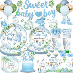 201PCS Baby Shower Decorations Boy Tableware Set, 25 Serves Disposable Plates an