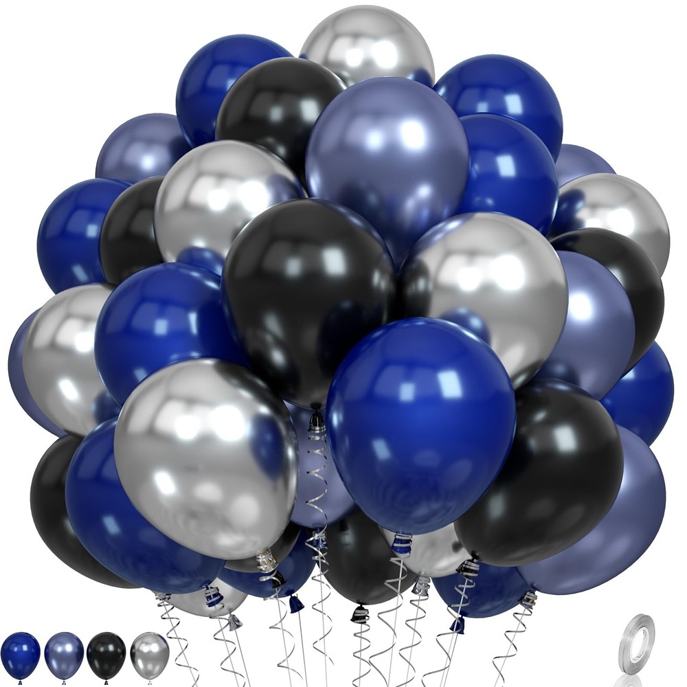 Blue and Black Balloons, Navy Blue and Silver Balloons Metallic Silver Dark B…