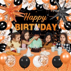 62pcs Orange Birthday Decorations Orange Black Happy Birthday Banner Backdrop…