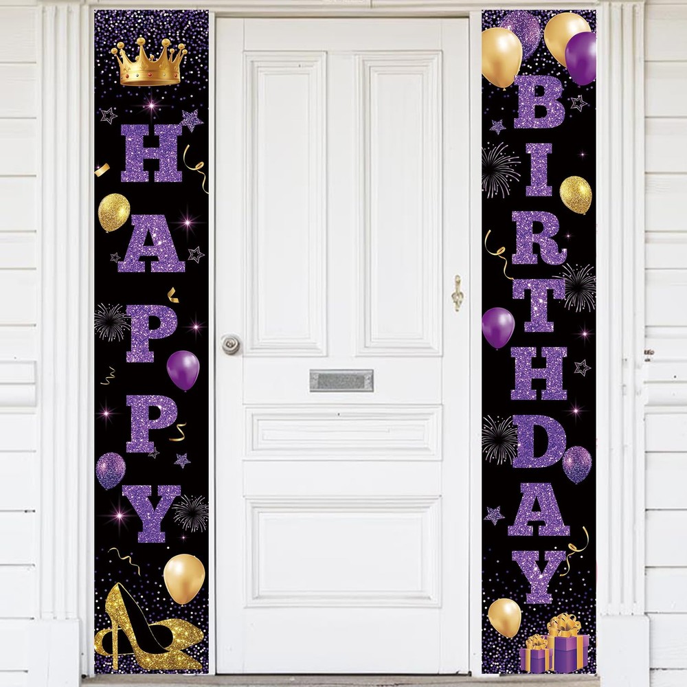 Purple Birthday Decorations for Women Happy Birthday Banners for Front Door P…