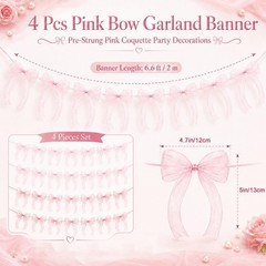 4 Pcs Pink Bow Garland Banner, Pre Strung Pink Bowknot Coquette Ribbon Party