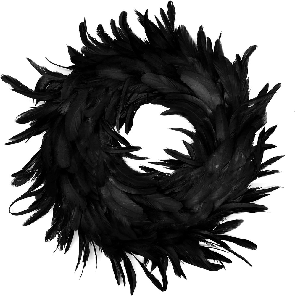 13.5″ Black Natural Feathers Wreath for Halloween Decorations, Spooky Scene Part