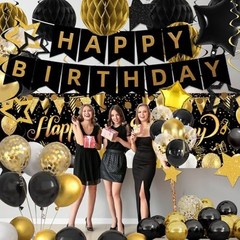 Gold Black Birthday Decorations, Happy Birthday Banner, Backdrop, Balloons, H…