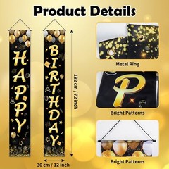 Happy Birthday Banner Decorations for Men Women Boys Girls Black Gold Party D…