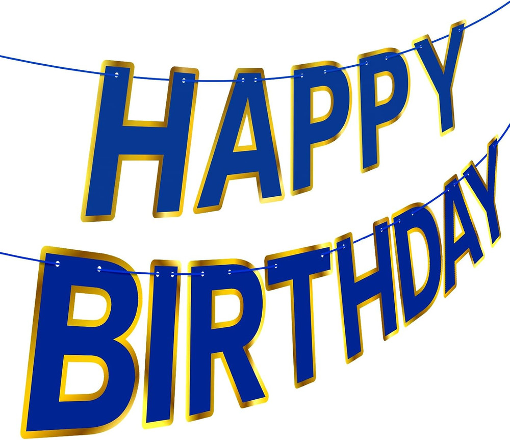 Navy Blue Happy Birthday Banner, Golden Border Happy Birthday Bunting Banner Fla