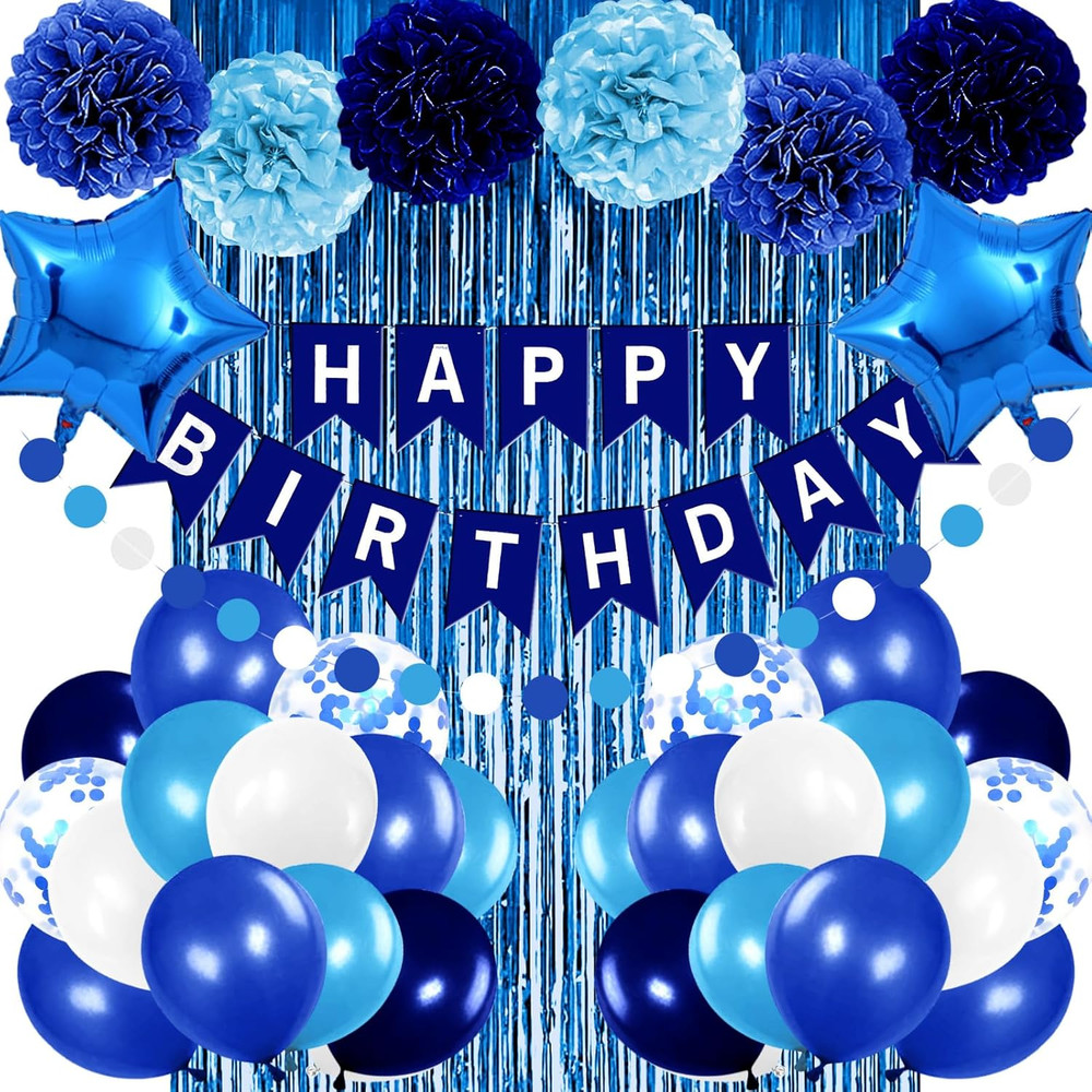 Blue Birthday Party Decorations Set Balloons Banner Pom Poms Curtain Boy Theme