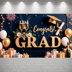 2026 Graduation Banner Decorations Navy Blue Gold Balloons Congrats Grad Backdro