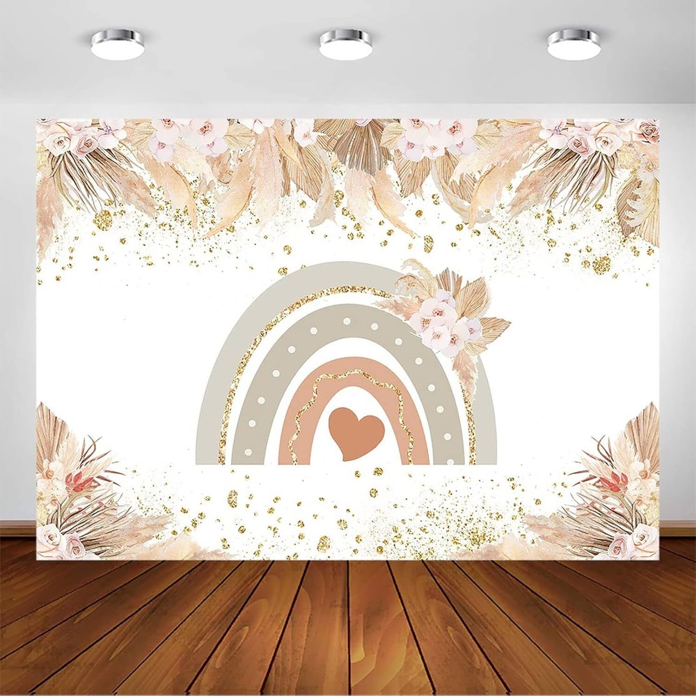 Avezano Boho Rainbow Backdrop for Baby Shower Pampas Grass Bohemian Rainbow Baby