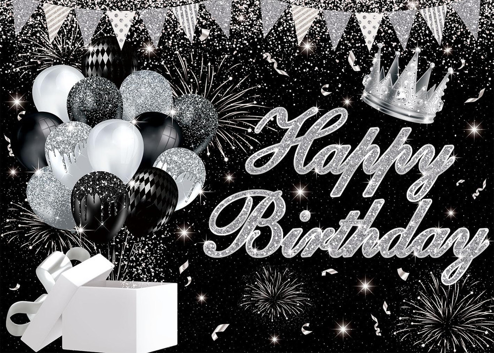 Silver Black Happy Birthday Backdrop 7X5Ft Silver and Black Glitter Birthday