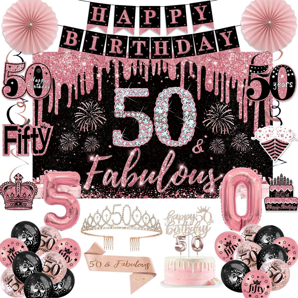 50Th Birthday Decorations for Women – 37Pcs Rose Gold Party Supplies Set with Ba