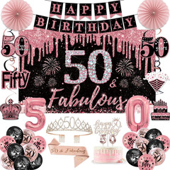 50Th Birthday Decorations for Women – 37Pcs Rose Gold Party Supplies Set with Ba