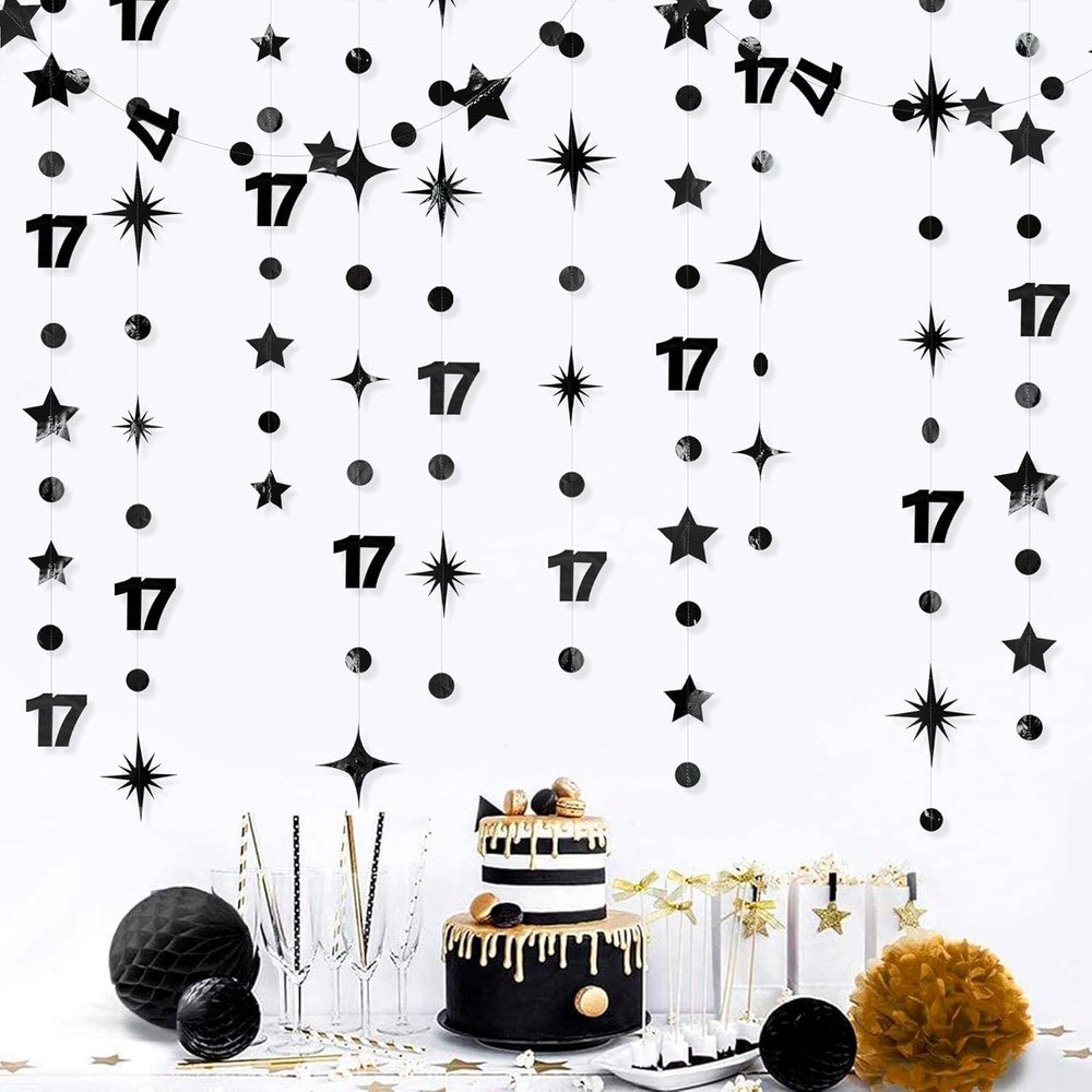 Black 17Th Birthday Decorations Number 17 Circle Dot Star Garland Streamer Banne