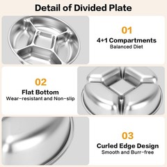 YEJZXY 5 Compartments 8.5» Stainless Steel Divided Plates for Medium, Silver