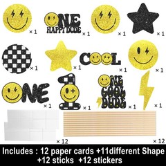 12pcs Glitter One Happy Dude Party Centerpiece 12 inches, Yellow and Black