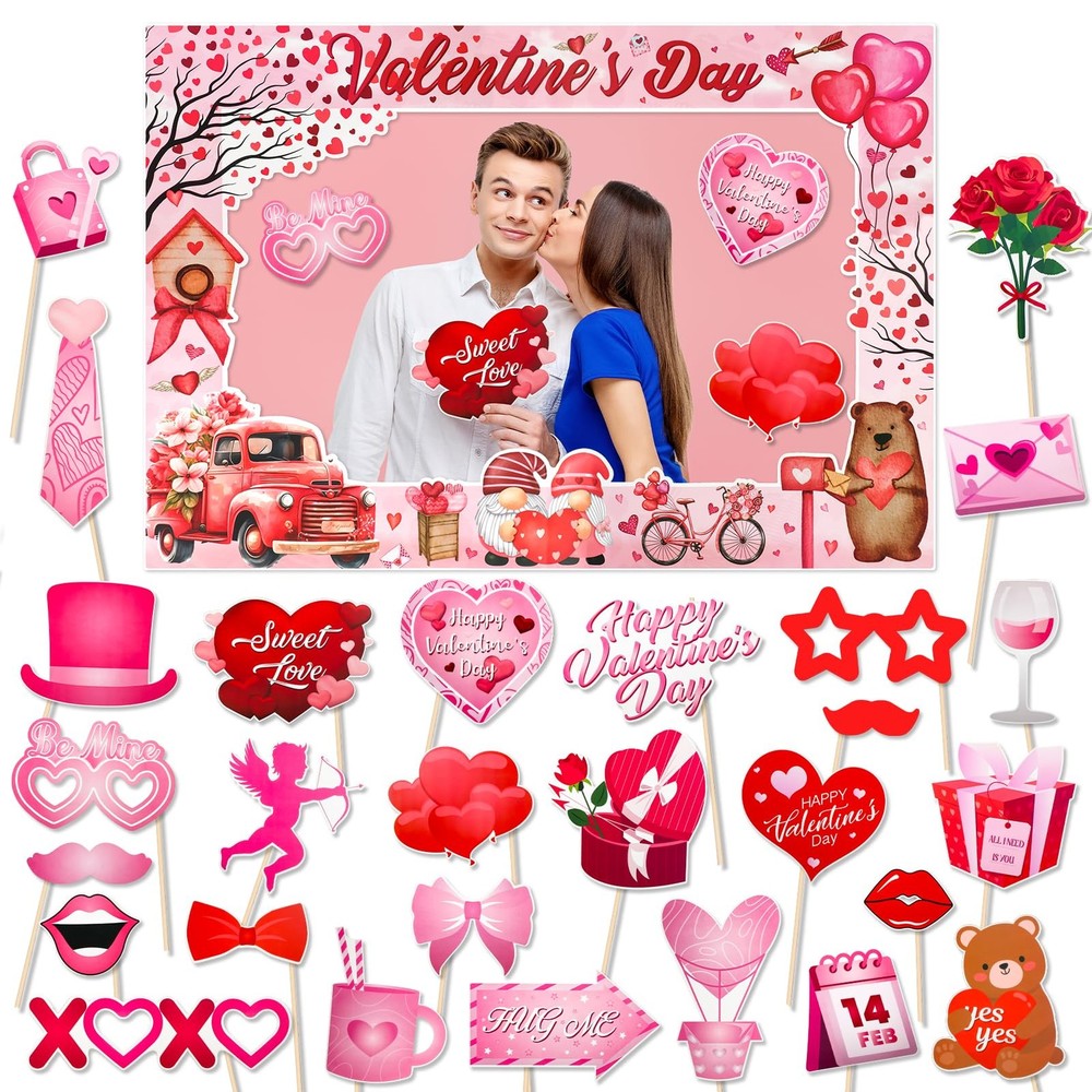 Valentines Day Photo Booth Props Red Pink Frame Heart Selfie Party Supply