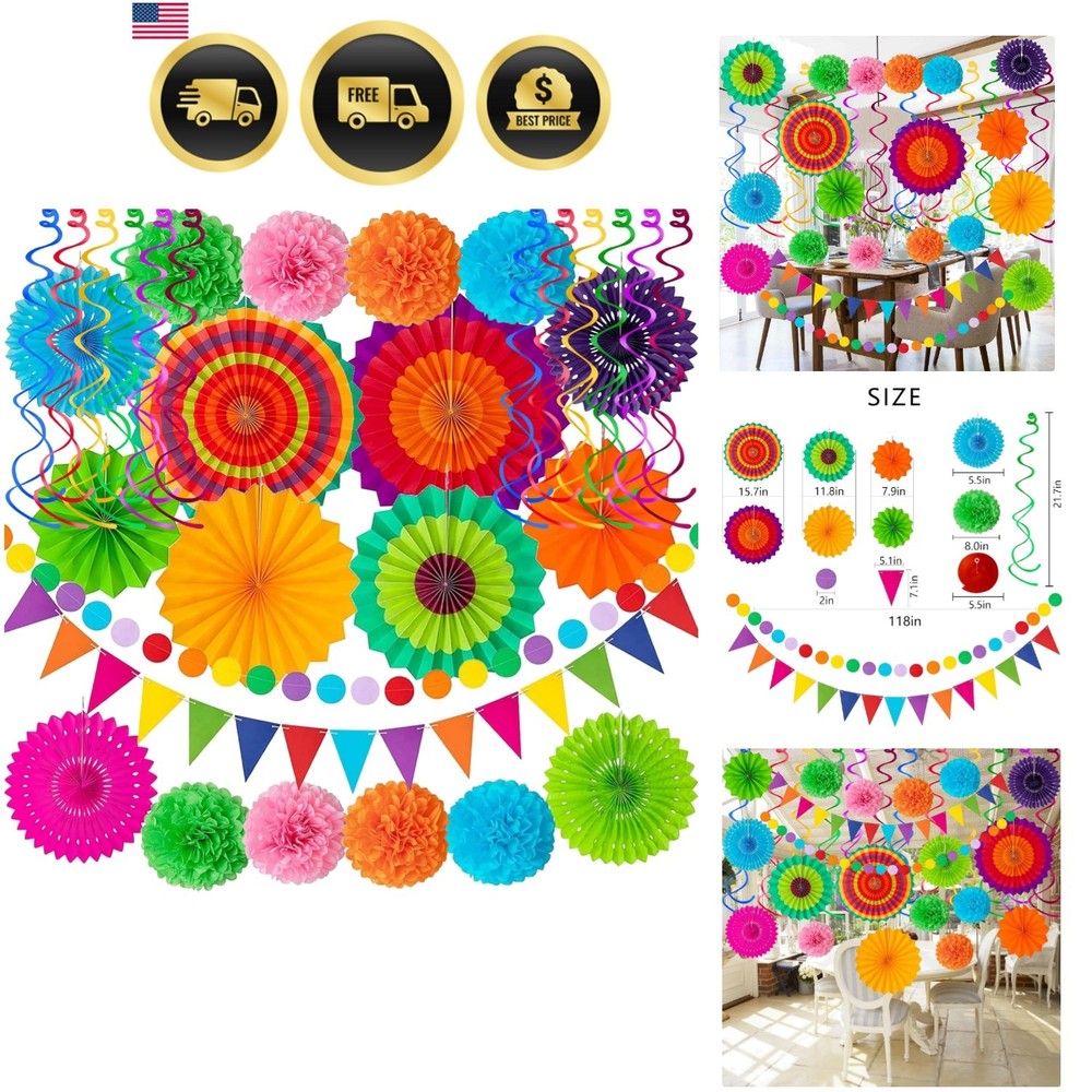 Cinco De Mayo Party Decorations Fiesta Multi Color Paper Fans Pom Poms Swirls