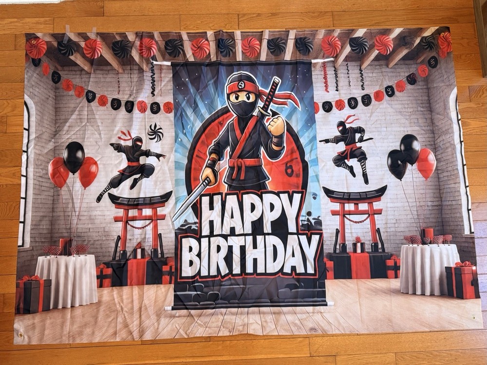 Ninja-Themed Happy Birthday Backdrop 7ft x 5ft for Kids