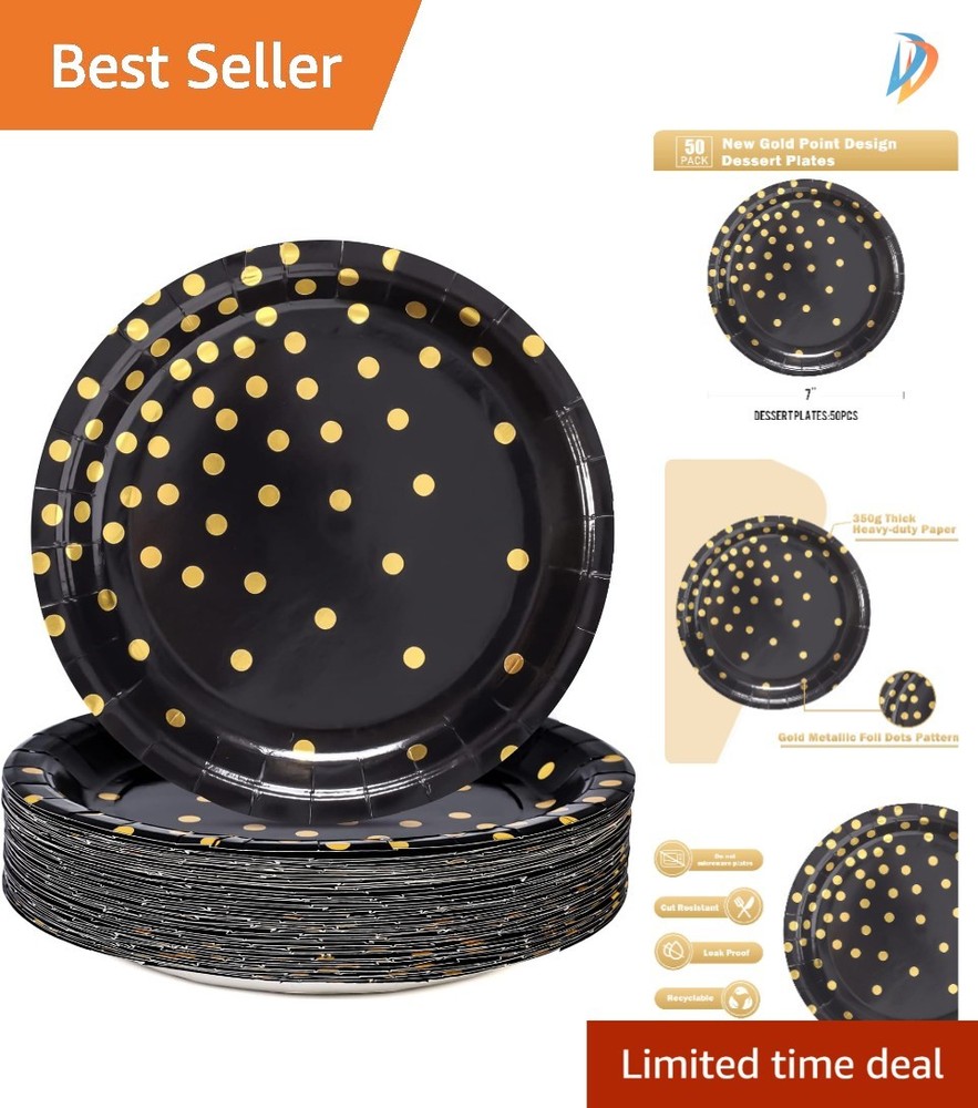 Chic Black and Gold Disposable Dessert Plates – 50 Count for Birthdays & Events