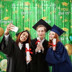 2 Pack Graduation Foil Fringe Curtain 3.3Ft x 6.6Ft Green Gold 2025 Graduation..