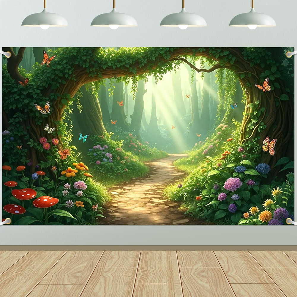 Magical Forest Banner Backdrop Decorations Fairy Tale Forest Party Decor with Bu