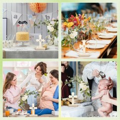 24 Pcs Baptism Centerpiece Decor – 12 Wood Crosses & 12 Metal Floral Hoops for W
