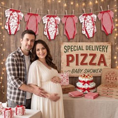 2 Sets Special Delivery Baby Shower Banner Decorations Red Gingham Pizza Baby…