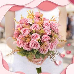 Artificial Rose Silk Flower Pink Bundle Bouquet Wedding Party Kitchen Office Dec