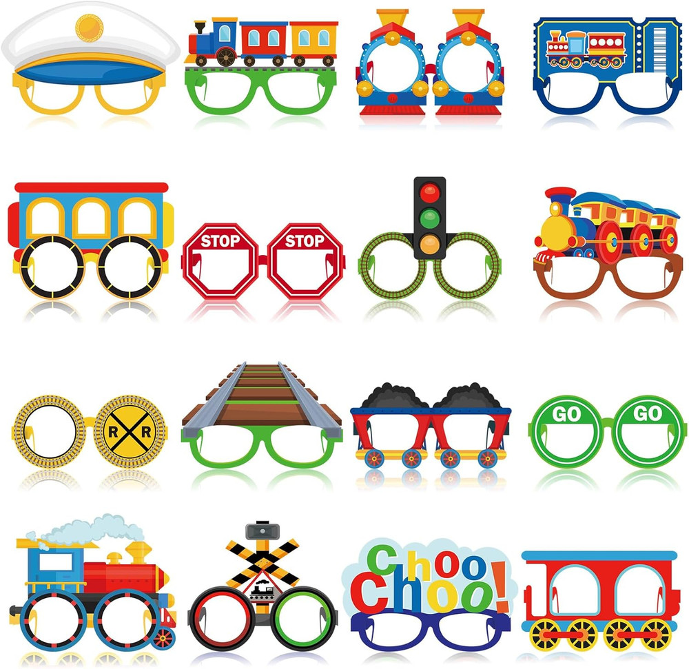 32 Pcs Train Party Decoration Train Themed Paper Eyeglasses Photo Booth Props Tr