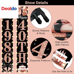 40Th Birthday Door Banner Lighted Decorations for Women,Rose Gold Black Vintage
