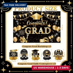 2026 Graduation Party Decorations Black and Gold Congrats Grad Banner Backdrop T
