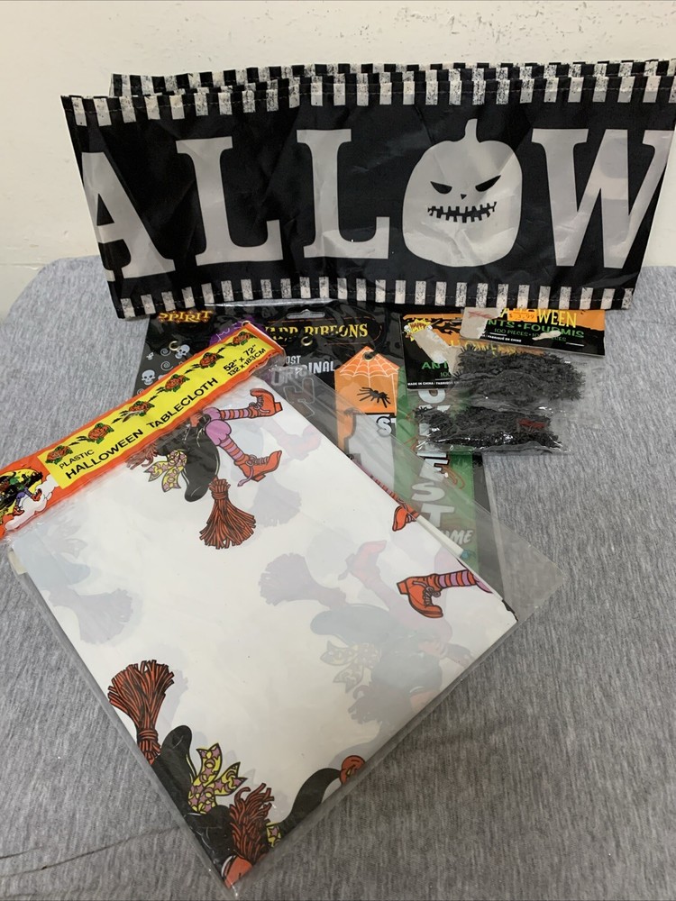 Halloween Party Supplies Lot Tablecloth, Banner, Ribbons