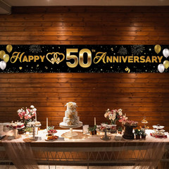 50Th Wedding Anniversary Banner, Golden 50 Years Decorations, Sturdy Fabric Back