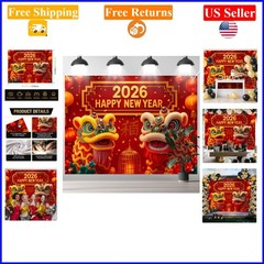 2026 Chinese New Backdrop 8x6ft Lion Dance Lantern Banner for Celebrations