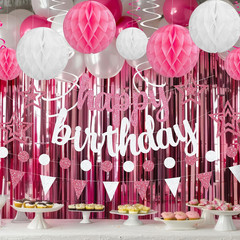 Pre-Strung Pink and Silver Happy Birthday Banner Decorations, Glitter Birthday G