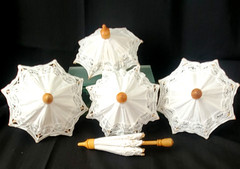 WHITE ASSTD BATTENBURG + OTHER LACE MINI PARASOL PARTY/SHOWER FAVORS – LOT OF 12