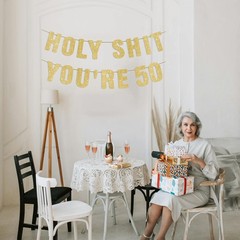 Pre-Strung 50th Party Gold Glitter Banner, 200 inches x 6.5 inches,