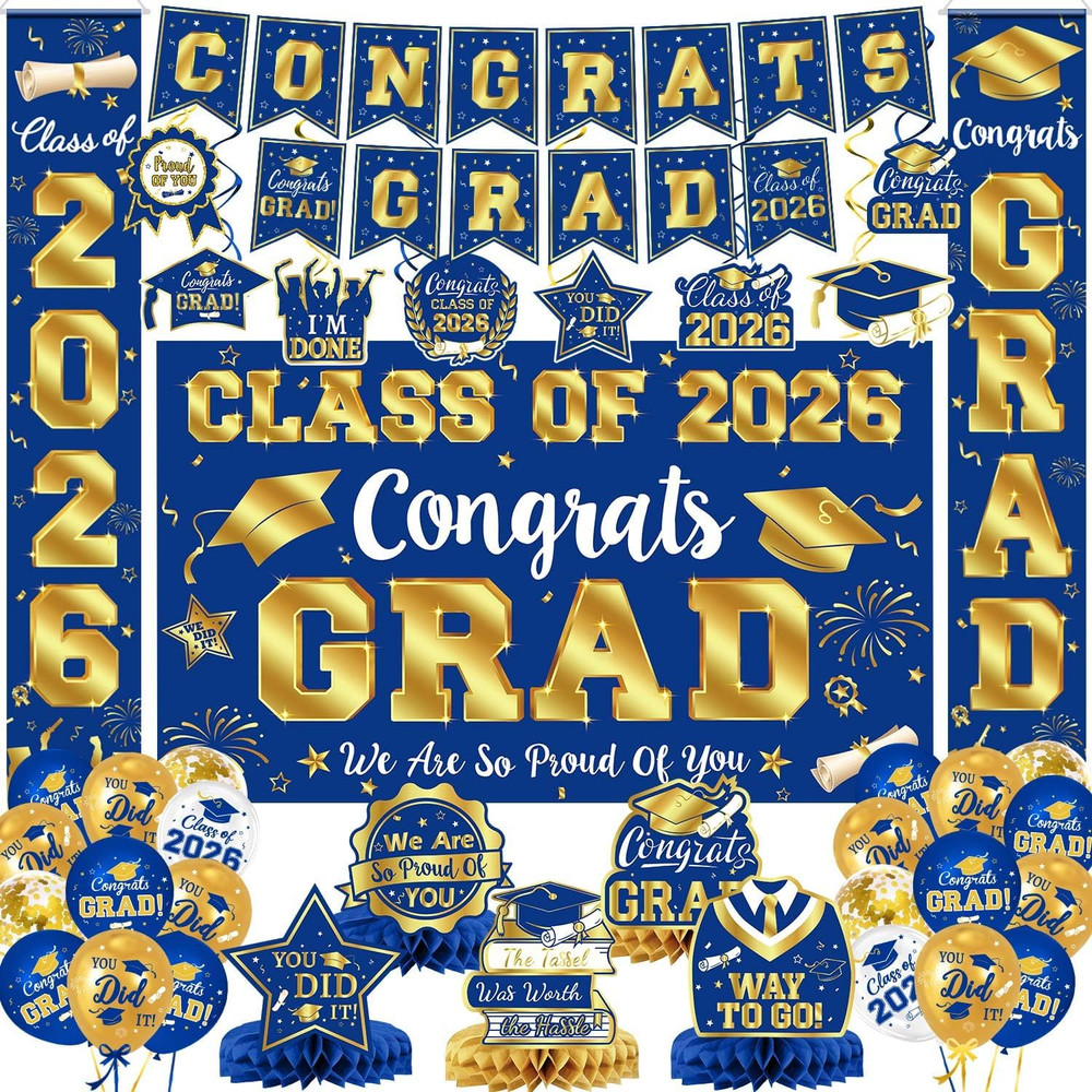 2026 Graduation Decorations, Blue and Gold Graduation Decorations Set, Congrats