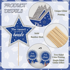 Graduation Decorations for Class of 2026-30Pcs Glitter Blue Silver Graduation Ta