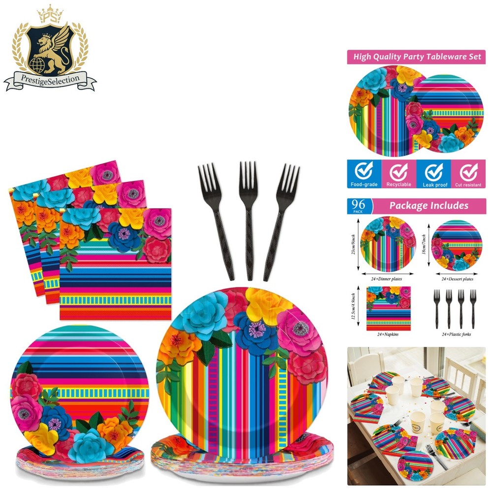 Vibrant Floral 96 Pcs Mexican Fiesta Plates & Napkins – Celebrate with Style!