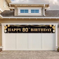 Large Happy 80th Birthday Decoration Banner, Black and Gold Happy 80th Birthd…