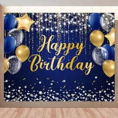 Navy Blue and Gold Happy Birthday Backdrop 10x8ft Royal Blue Birthday Banner
