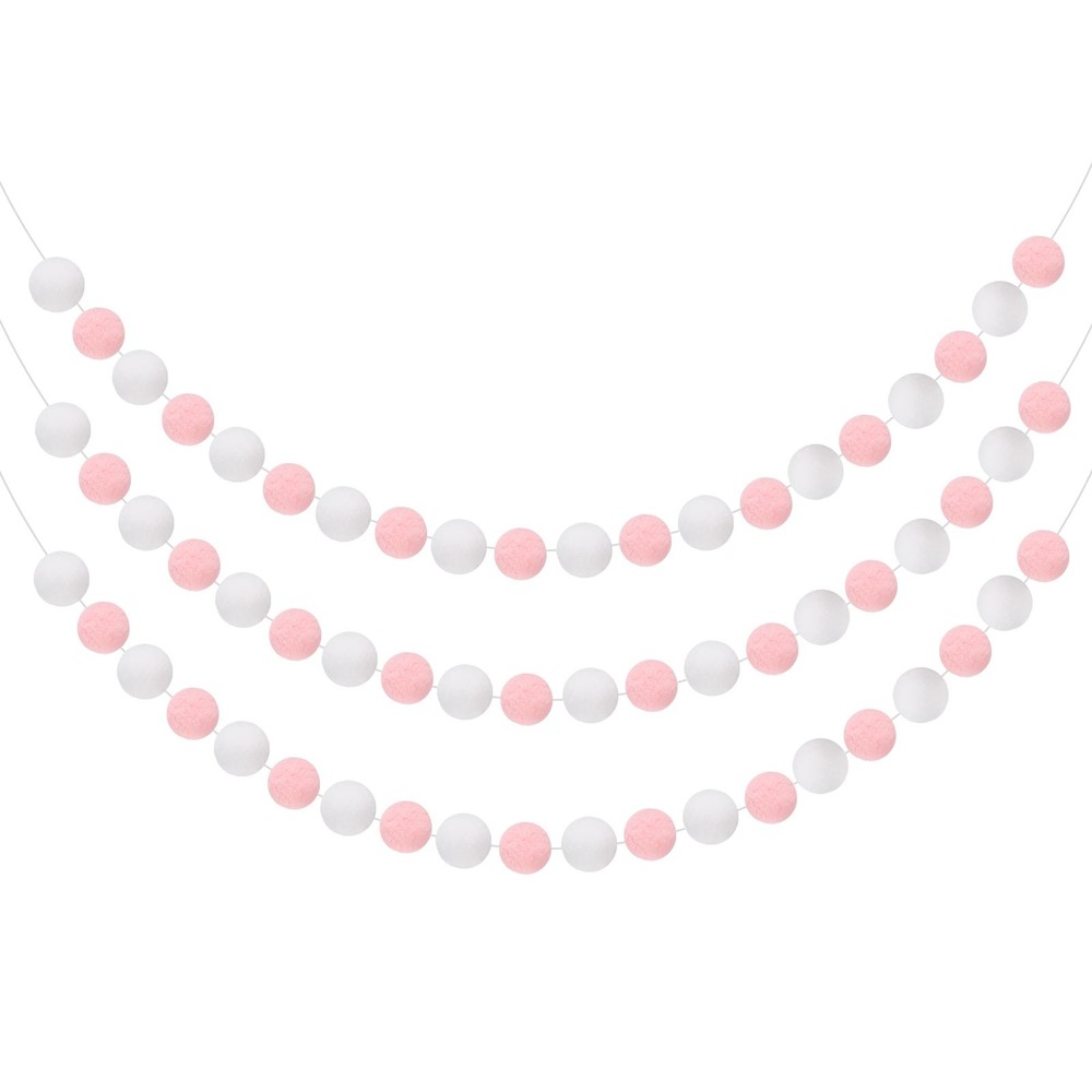 3pcs Pom Pom Garland 6.6 ft 30 Balls for Crafts Decor(Pink, White)