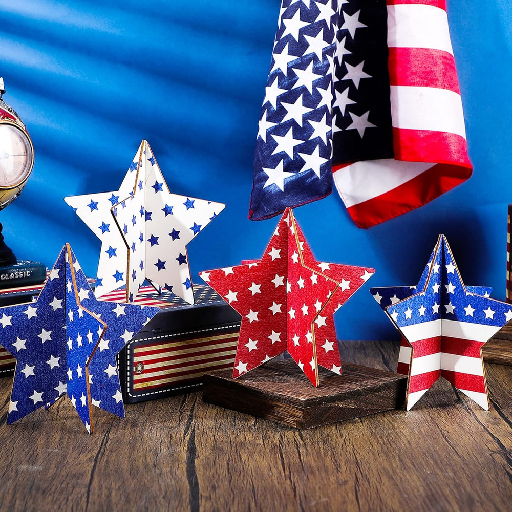 4 Pcs 4Th of July Decorations 6 Inch Patriotic Wood Star Centerpiece for Table 2