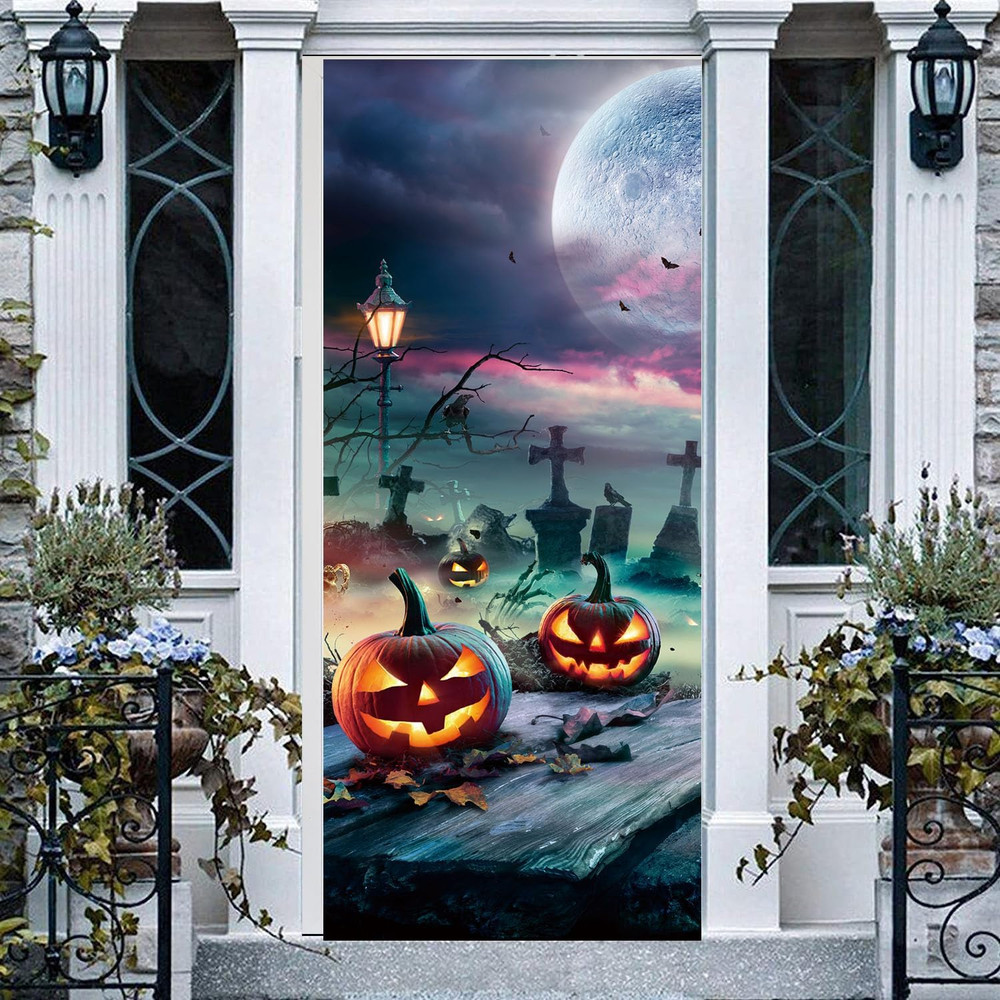 Halloween Door Decorations Cover Horror Moon Night Banner for Porch Party Decora