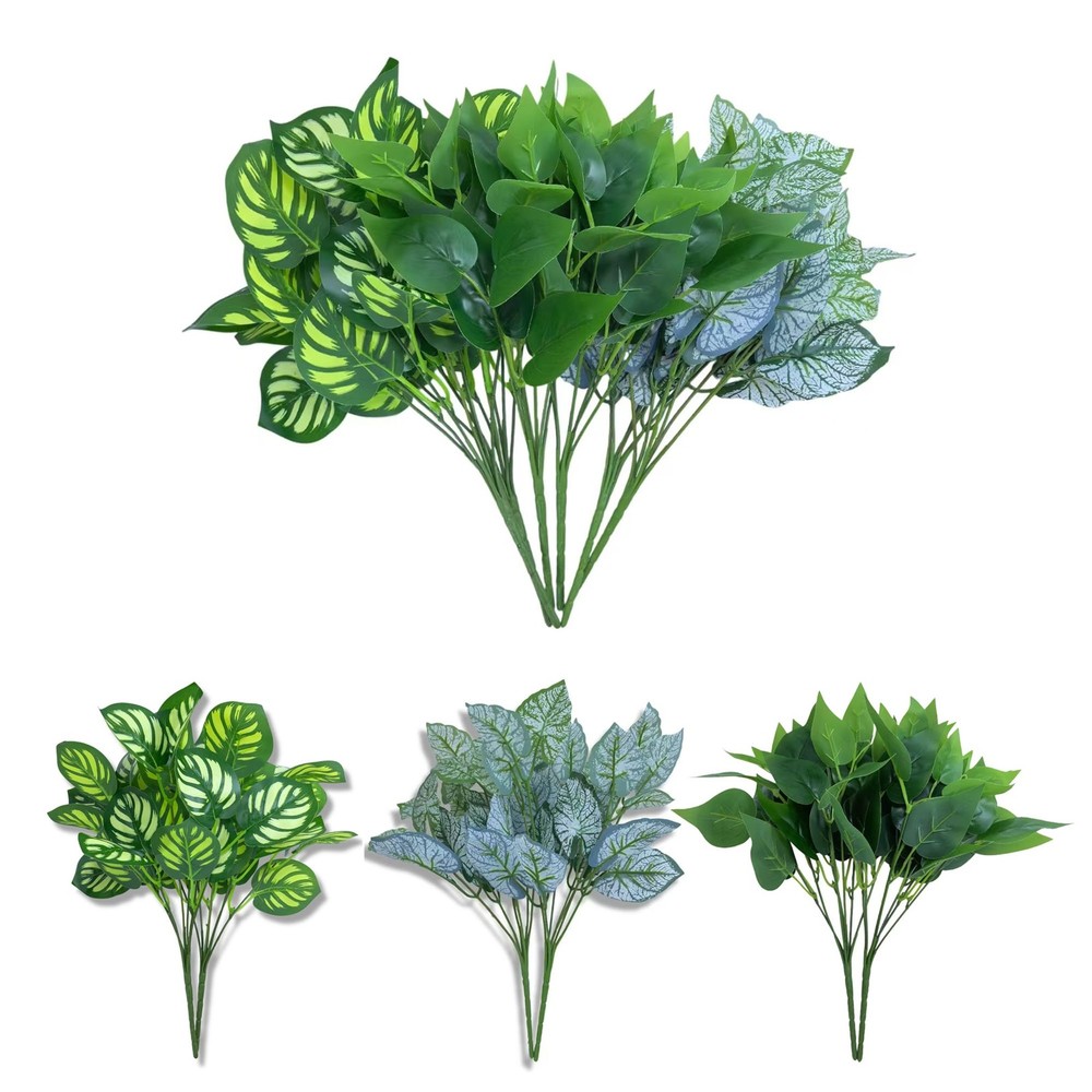 6 Bundles of artificial green plants and flowers, outdoor 13.78 inches, Green