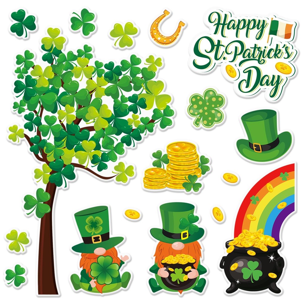 2 Sheets St. Patrick’ s Day Thick Gel Clings Shamrock Clover Tree Irish Gnome Go