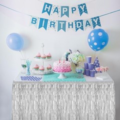 2 Pack 29.5×108 Inch Silver Foil Tinsel Fringe Table Skirts, Disposable Table