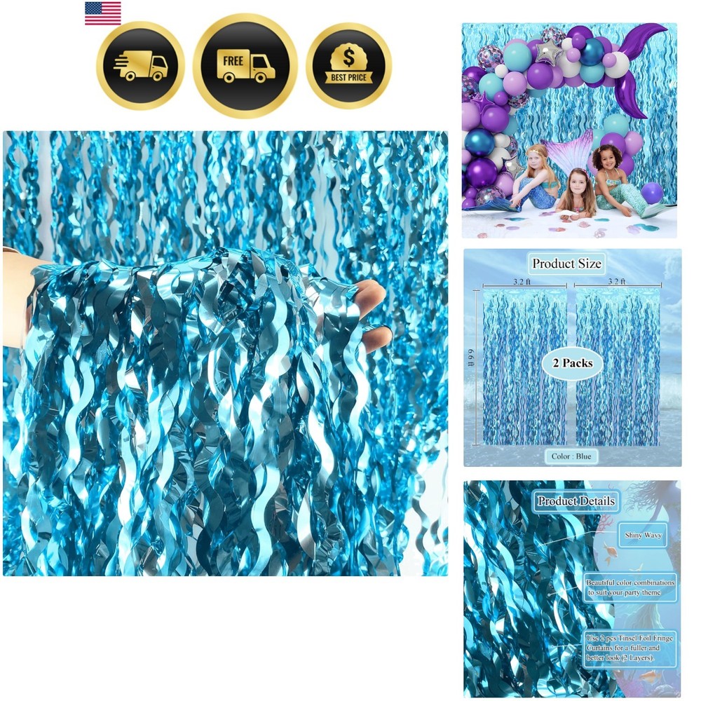 Elegant Teal Blue Tinsel Fringe Curtains – 3.2×6.6ft Party Decor Set of 2 Packs
